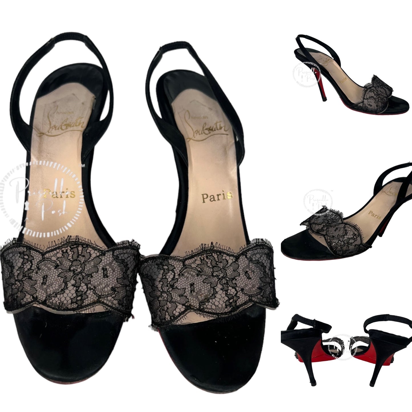 Christian Louboutin Black Satin And Lace Slingback Heels Size Open Toe 38.5
