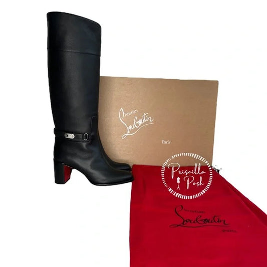 Christian Louboutin Black Lock 70 Leather Knee-high Boots Tall Block heel 39.5