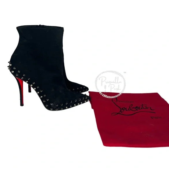 Christian Louboutin Black Boots Willetta Spiked Bootie Silver Spike Studded 37