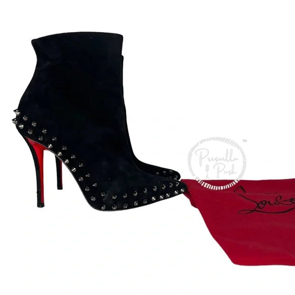 Christian Louboutin Black Boots Willetta Spiked Bootie Silver Spike Studded 37