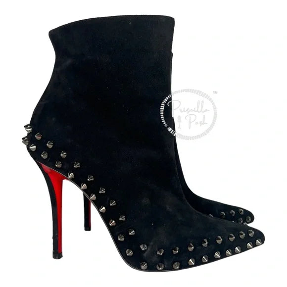 Christian Louboutin Black Boots Willetta Spiked Bootie Silver Spike Studded 37