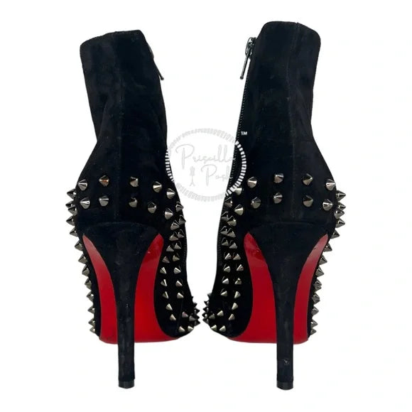 Christian Louboutin Black Boots Willetta Spiked Bootie Silver Spike Studded 37