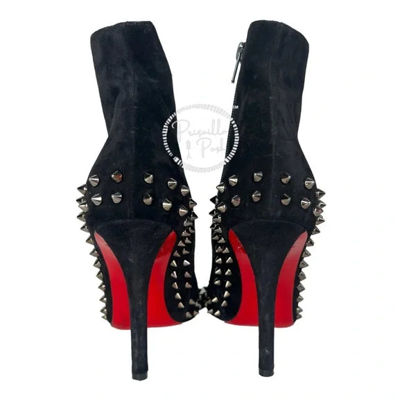 Christian Louboutin Black Boots Willetta Spiked Bootie Silver Spike Studded 37