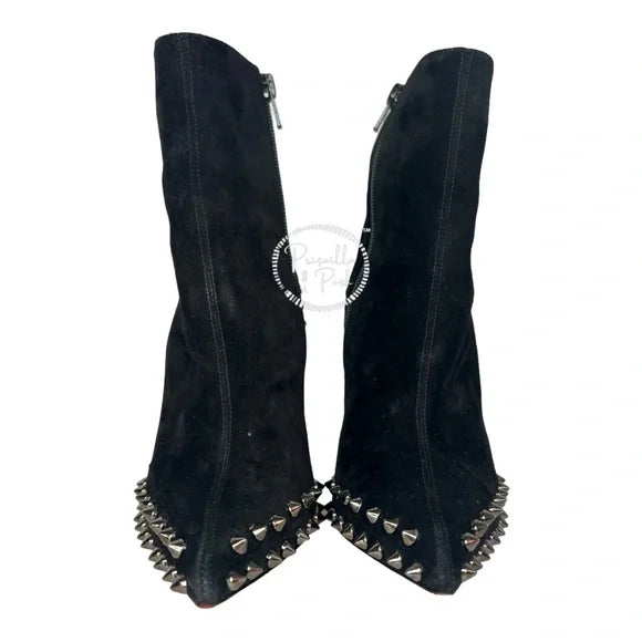 Christian Louboutin Black Boots Willetta Spiked Bootie Silver Spike Studded 37
