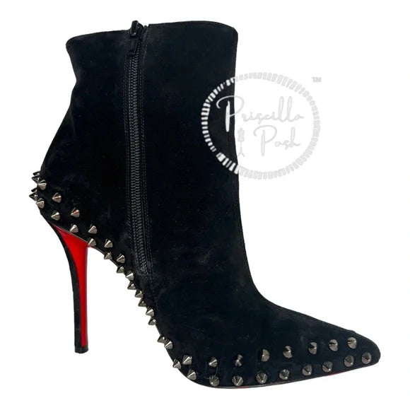 Christian Louboutin Black Boots Willetta Spiked Bootie Silver Spike Studded 37
