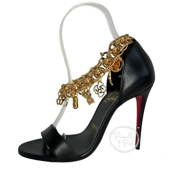 NWB Christian Louboutin Black Leather Open Toe Gold Charm Ankle Strap Sandals 36