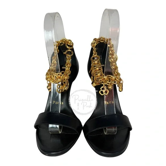 NWB Christian Louboutin Black Leather Open Toe Gold Charm Ankle Strap Sandals 36