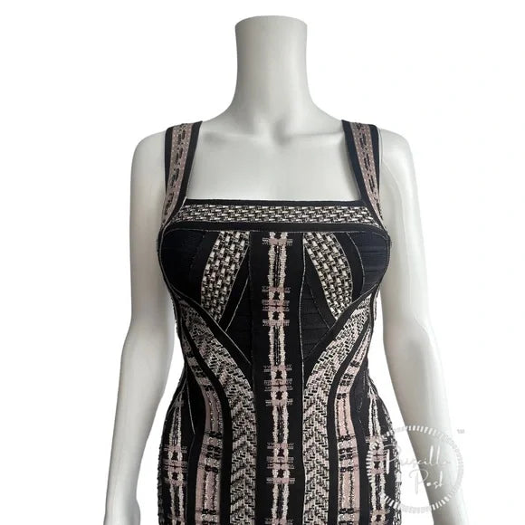 Herve Leger Limited Edition Beaded Pleated Black Bandage Dress XS Silver Taupe