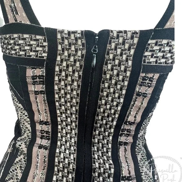 Herve Leger Limited Edition Beaded Pleated Black Bandage Dress XS Silver Taupe