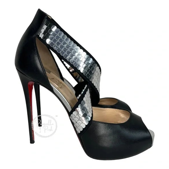 Christian Louboutin Xiletta Disco Ball Red Sole Sandals Black Silver Sequin 38