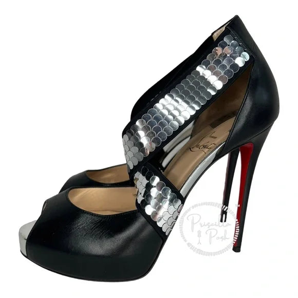 Christian Louboutin Xiletta Disco Ball Red Sole Sandals Black Silver Sequin 38