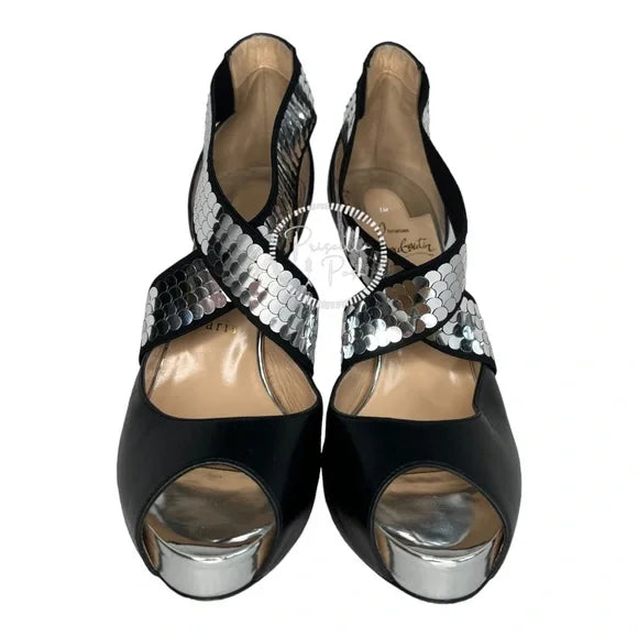Christian Louboutin Xiletta Disco Ball Red Sole Sandals Black Silver Sequin 38