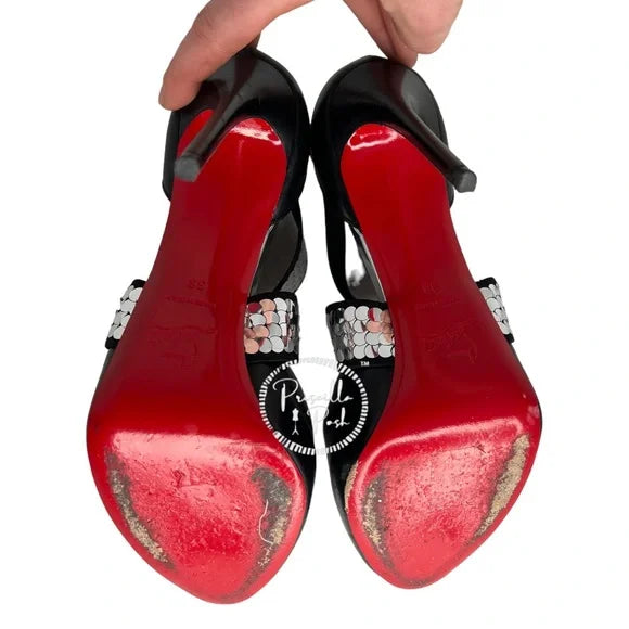 Christian Louboutin Xiletta Disco Ball Red Sole Sandals Black Silver Sequin 38