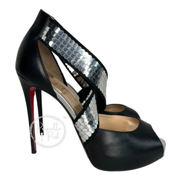Christian Louboutin Xiletta Disco Ball Red Sole Sandals Black Silver Sequin 38