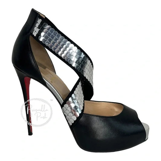 Christian Louboutin Xiletta Disco Ball Red Sole Sandals Black Silver Sequin 38