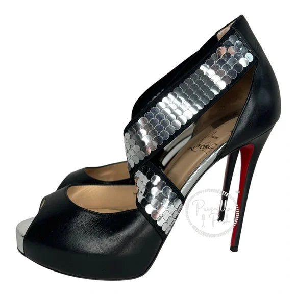 Christian Louboutin Xiletta Disco Ball Red Sole Sandals Black Silver Sequin 38
