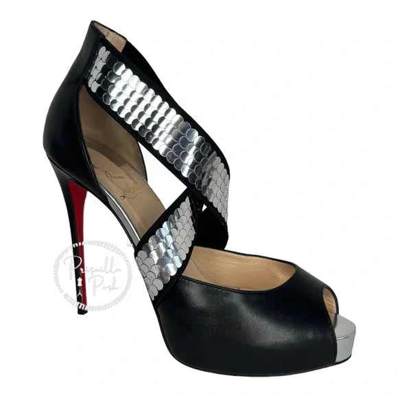 Christian Louboutin Xiletta Disco Ball Red Sole Sandals Black Silver Sequin 38
