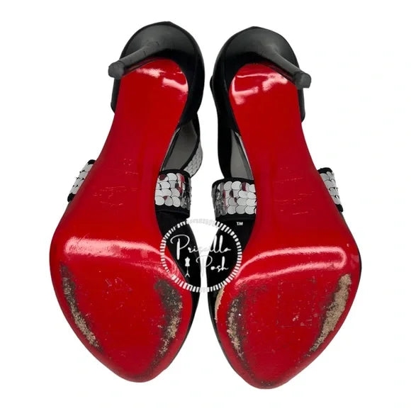 Christian Louboutin Xiletta Disco Ball Red Sole Sandals Black Silver Sequin 38