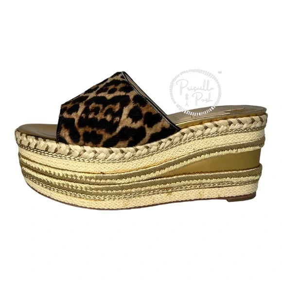 Christian Louboutin Leopard Gold Platform Wedge Espadrille Sandal Slides 36