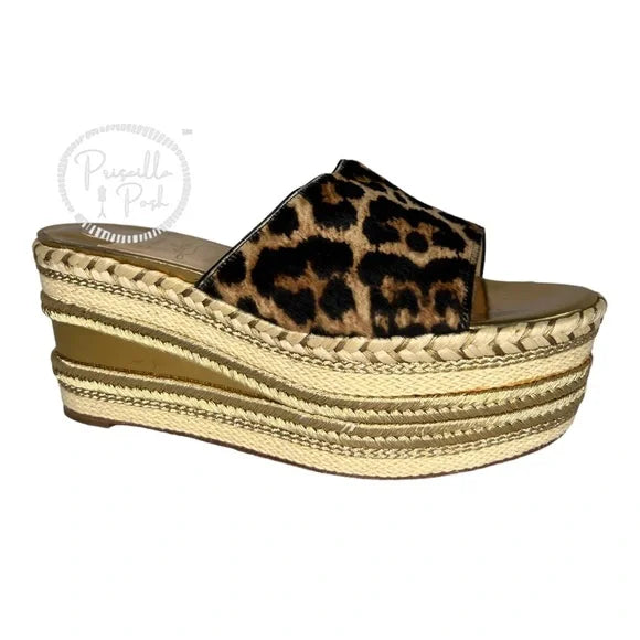 Christian Louboutin Leopard Gold Platform Wedge Espadrille Sandal Slides 36
