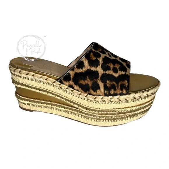 Christian Louboutin Leopard Gold Platform Wedge Espadrille Sandal Slides 36