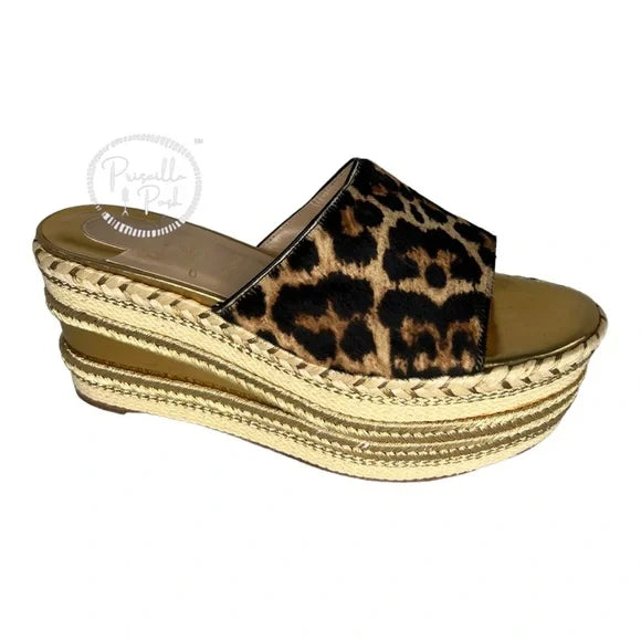 Christian Louboutin Leopard Gold Platform Wedge Espadrille Sandal Slides 36