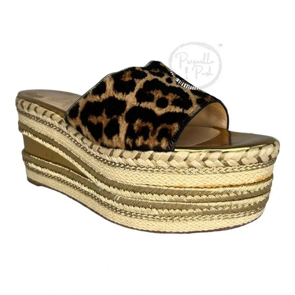 Christian Louboutin Leopard Gold Platform Wedge Espadrille Sandal Slides 36