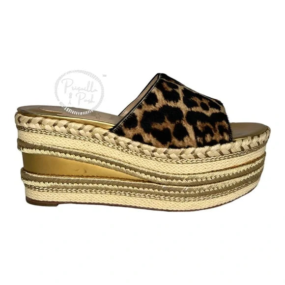 Christian Louboutin Leopard Gold Platform Wedge Espadrille Sandal Slides 36