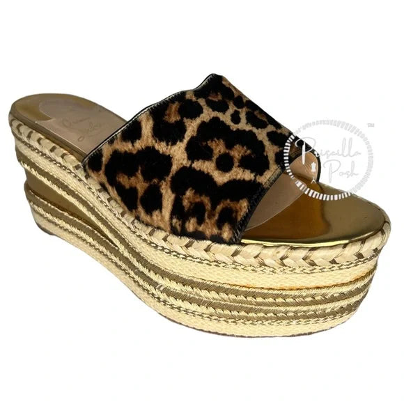 Christian Louboutin Leopard Gold Platform Wedge Espadrille Sandal Slides 36