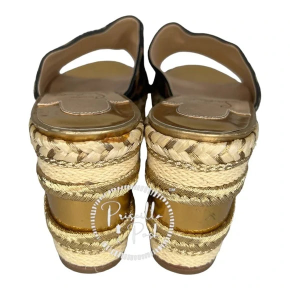 Christian Louboutin Leopard Gold Platform Wedge Espadrille Sandal Slides 36