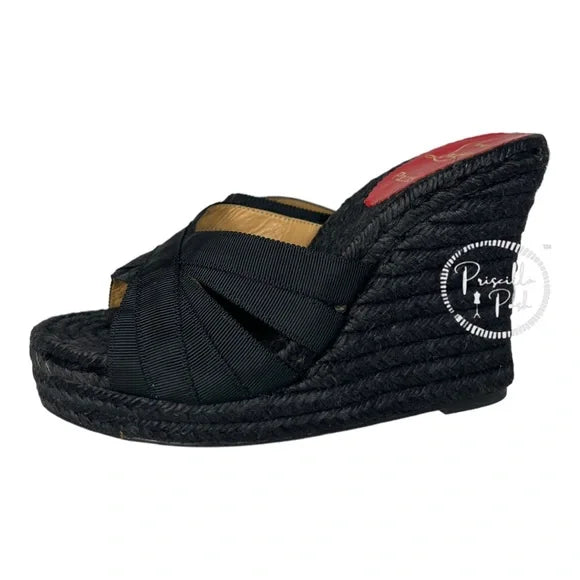 Christian Louboutin Black Espadrille Platform Wedge Sandal Slides Mule 37