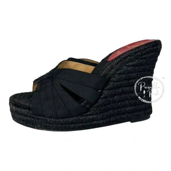 Christian Louboutin Black Espadrille Platform Wedge Sandal Slides Mule 37