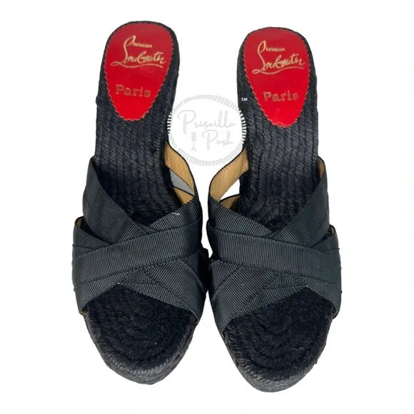 Christian Louboutin Black Espadrille Platform Wedge Sandal Slides Mule 37