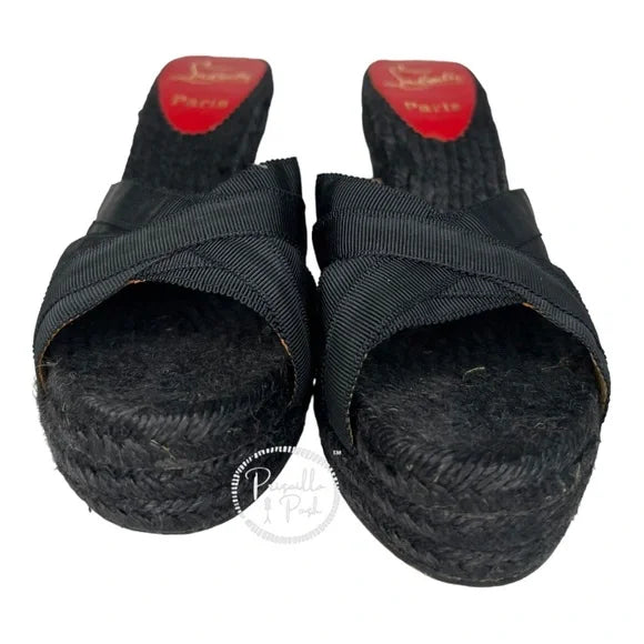 Christian Louboutin Black Espadrille Platform Wedge Sandal Slides Mule 37