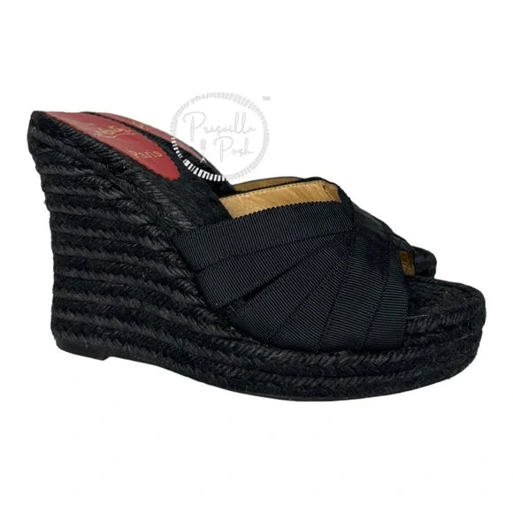 Christian Louboutin Black Espadrille Platform Wedge Sandal Slides Mule 37