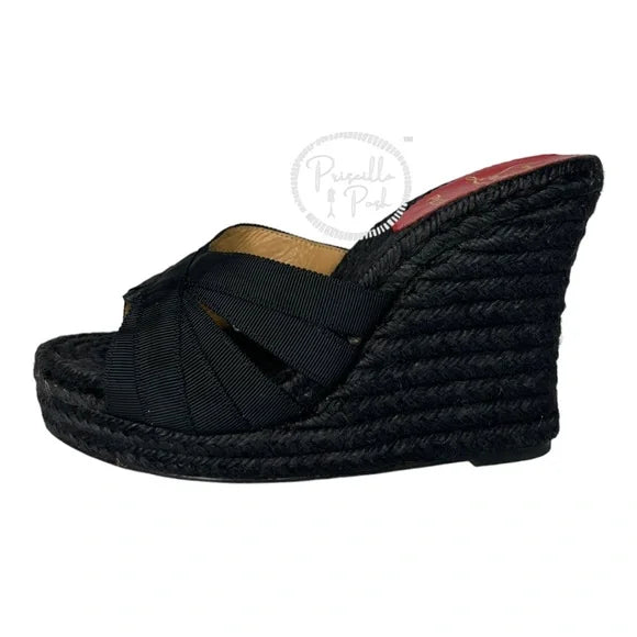 Christian Louboutin Black Espadrille Platform Wedge Sandal Slides Mule 37