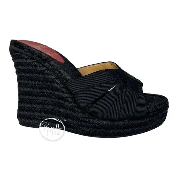 Christian Louboutin Black Espadrille Platform Wedge Sandal Slides Mule 37