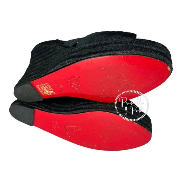 Christian Louboutin Black Espadrille Platform Wedge Sandal Slides Mule 37