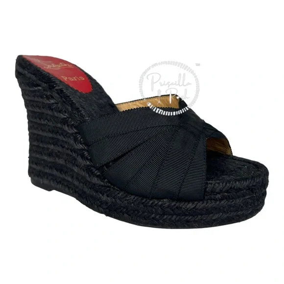 Christian Louboutin Black Espadrille Platform Wedge Sandal Slides Mule 37