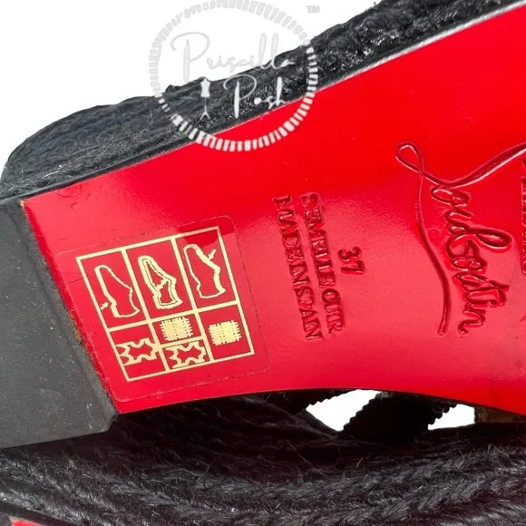 Christian Louboutin Black Espadrille Platform Wedge Sandal Slides Mule 37