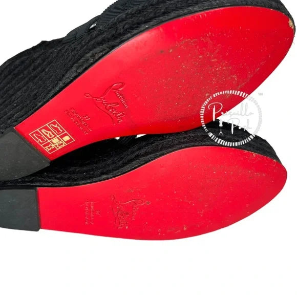 Christian Louboutin Black Espadrille Platform Wedge Sandal Slides Mule 37