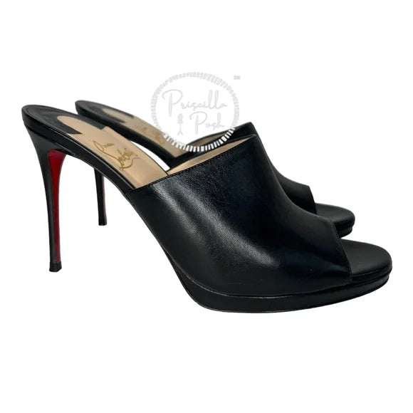 Christian Louboutin Black Leather Sandal Mule 100mm Napa Red Sole Slide Sandal 38