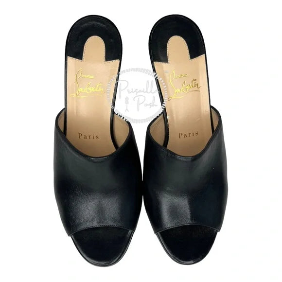 Christian Louboutin Black Leather Sandal Mule 100mm Napa Red Sole Slide Sandal 38