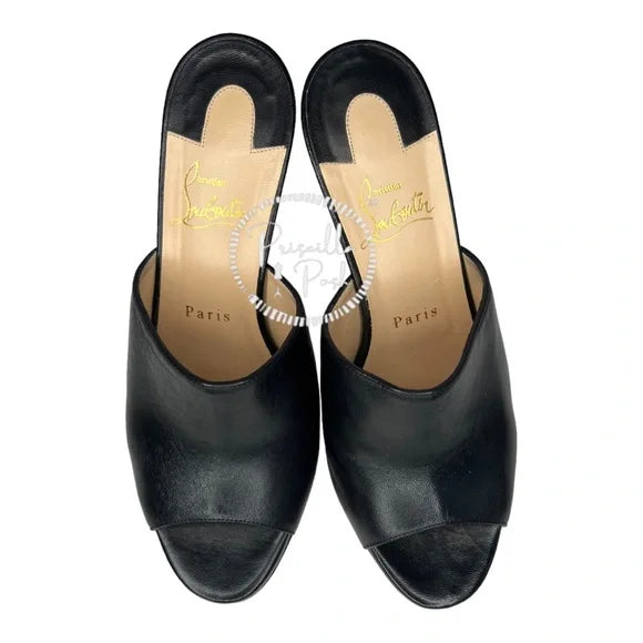 Christian Louboutin Black Leather Sandal Mule 100mm Napa Red Sole Slide Sandal 38