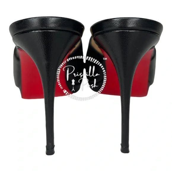Christian Louboutin Black Leather Sandal Mule 100mm Napa Red Sole Slide Sandal 38