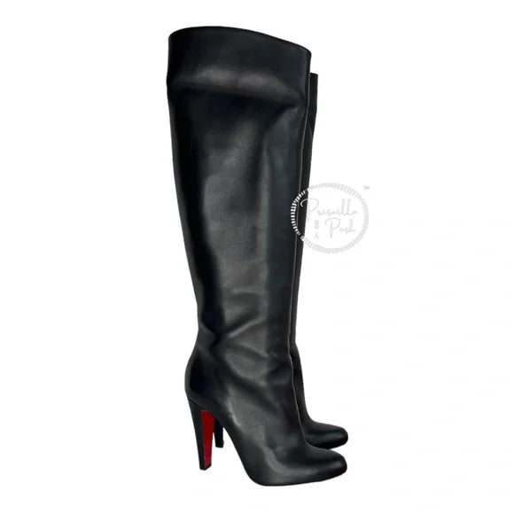 Christian Louboutin Black Leather Tall Leather Boots Over the knee block heel 37.5