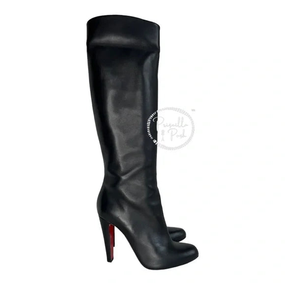 Christian Louboutin Black Leather Tall Leather Boots Over the knee block heel 37.5