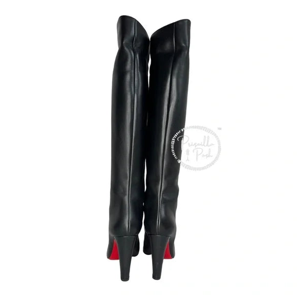 Christian Louboutin Black Leather Tall Leather Boots Over the knee block heel 37.5