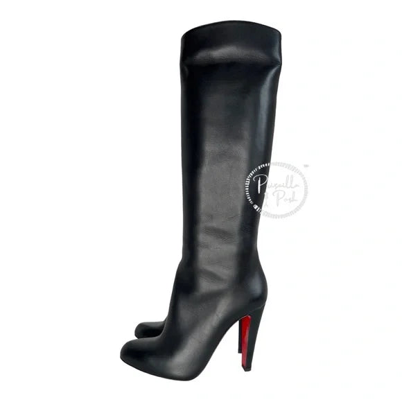 Christian Louboutin Black Leather Tall Leather Boots Over the knee block heel 37.5
