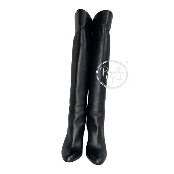 Christian Louboutin Black Leather Tall Leather Boots Over the knee block heel 37.5